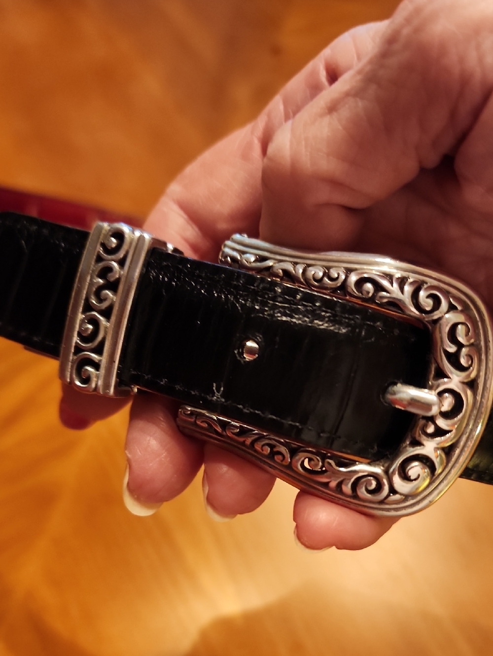 BRIGHTON Black & Red Croc Leather Belt with Ornate Silver Buckle